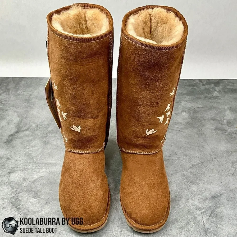 UGG KOOLABURRA PEACE TALL BOOTS CHESTNUT SUEDE SHEEPSKIN FLYING BIRDS DOVE FLOCK